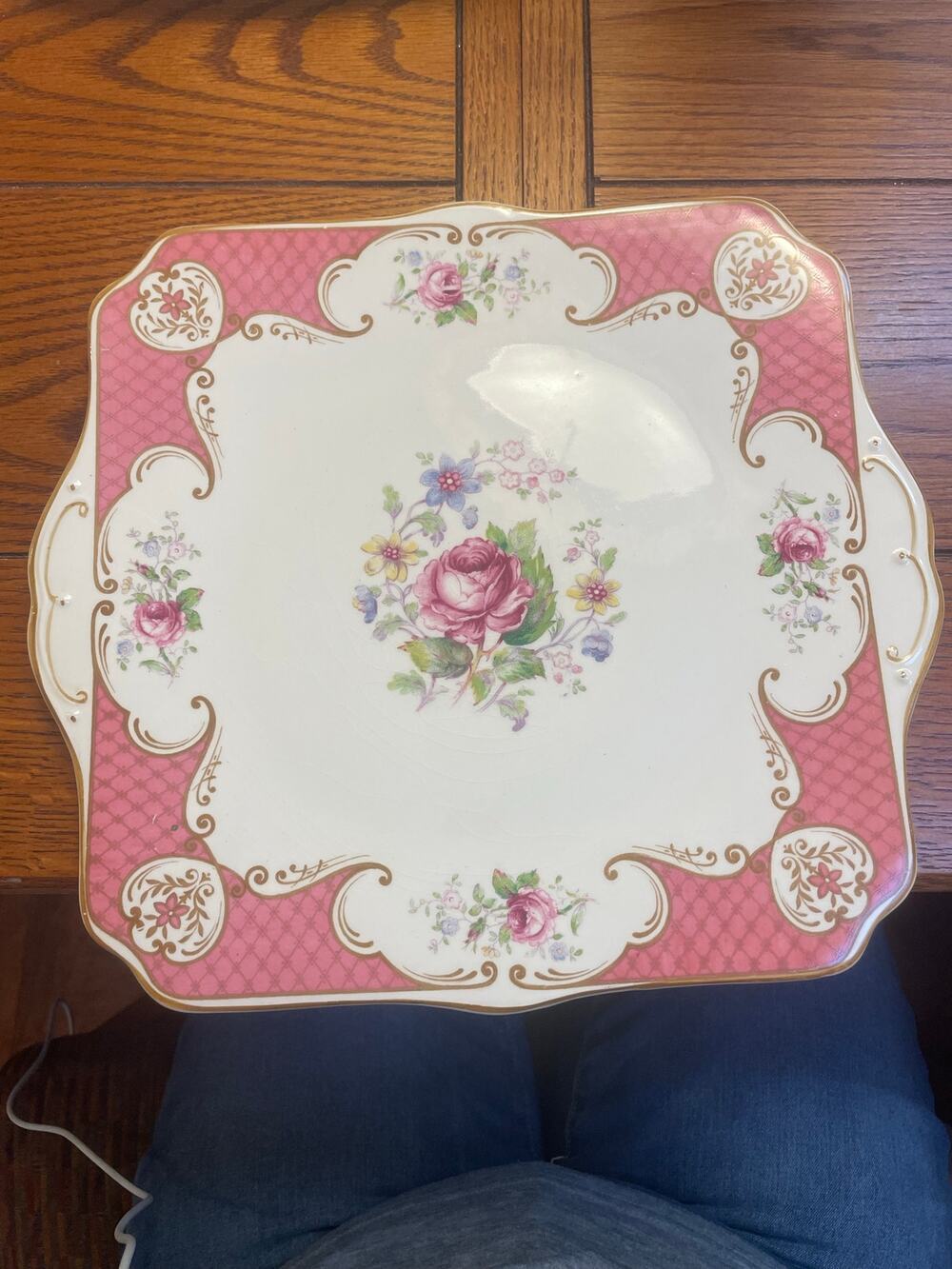 Vintage Myott Staffordshire England Pink Rose Handled Cake Plate 12”